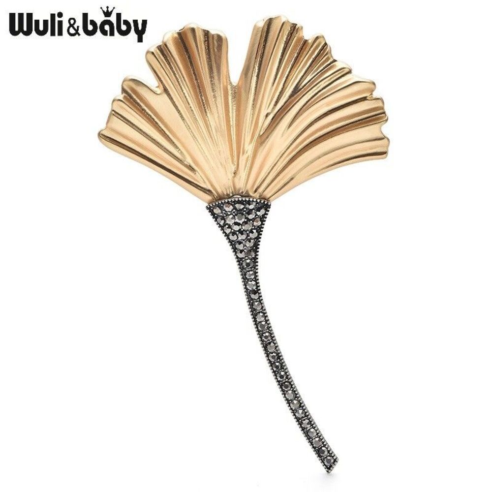Vintage Style Gold Ginkgo Leaf Brooch Pin Dark Black Crystal Long Stem - Picture 3 of 3